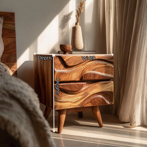 Handcrafted Solid Wood Bedside Table with Sculpted Wave Front