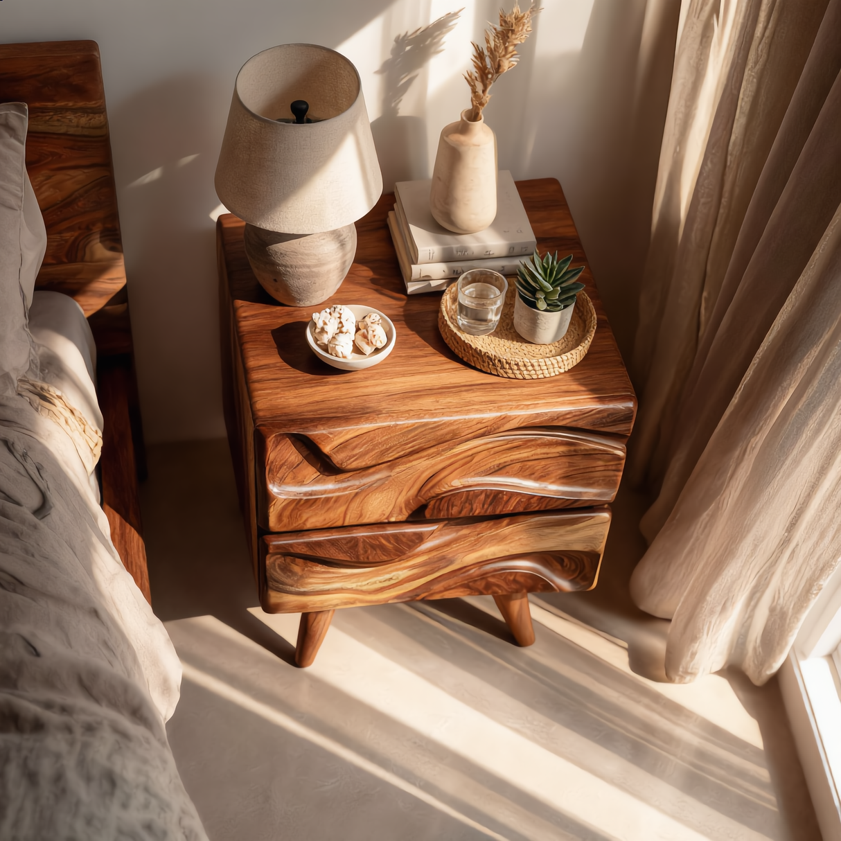 Handcrafted Solid Wood Bedside Table with Sculpted Wave Front