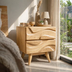 Handcrafted Solid Wood Bedside Table with Sculpted Wave Front