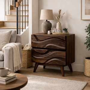 Handcrafted Solid Wood Bedside Table with Sculpted Wave Front