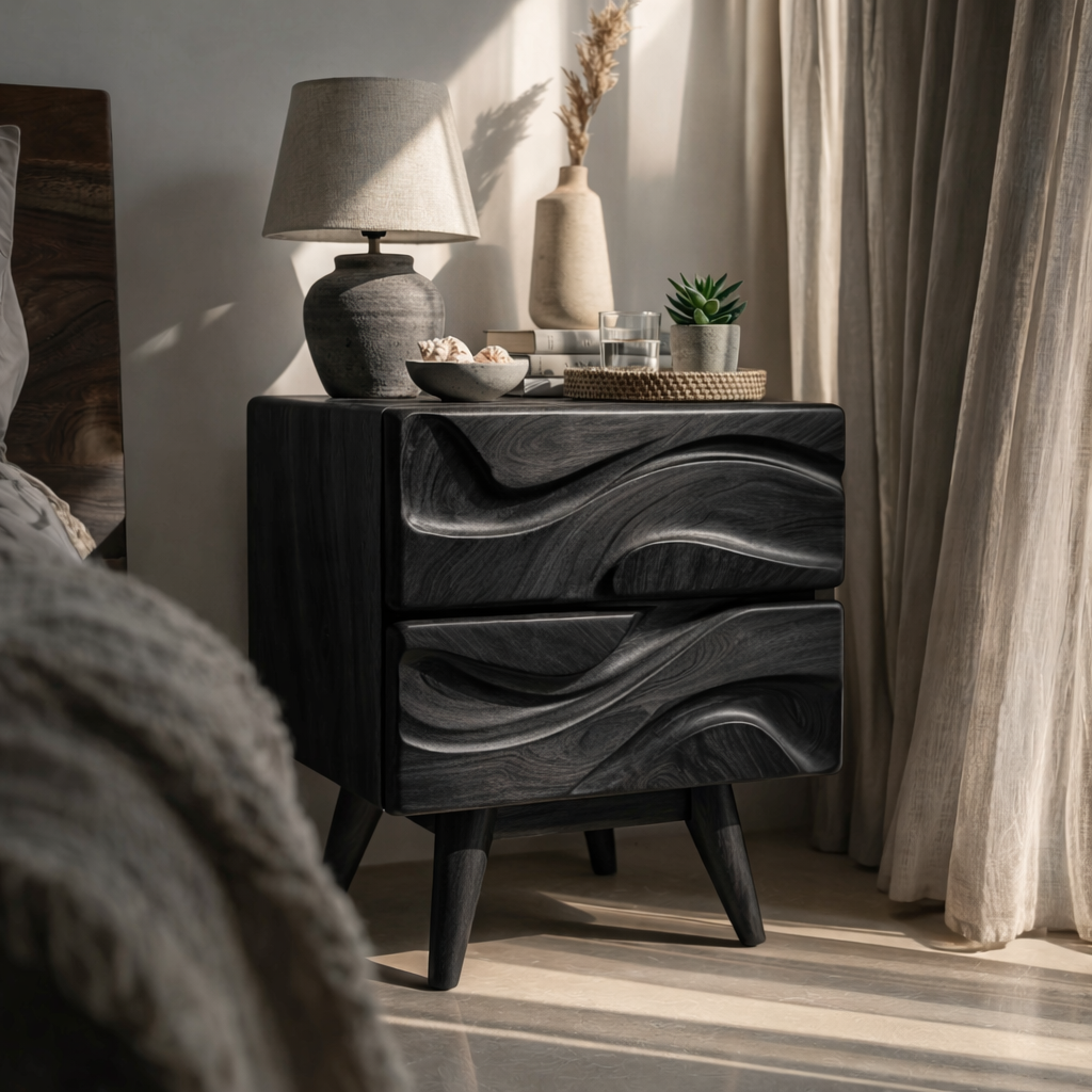 Handcrafted Solid Wood Bedside Table with Sculpted Wave Front