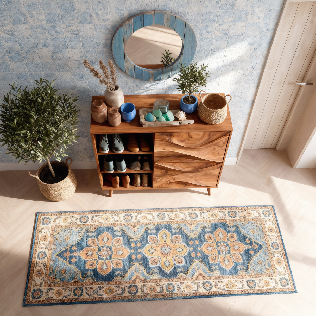 Handcrafted Solid Wood Shoe Cabinet with Wave Front Doors for Entryway and Hallway