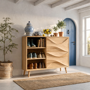 Handcrafted Solid Wood Shoe Cabinet with Wave Front Doors for Entryway and Hallway
