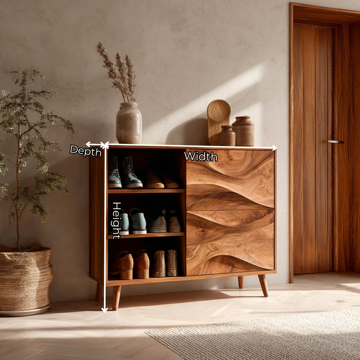 Handcrafted Solid Wood Shoe Cabinet with Wave Front Doors for Entryway and Hallway