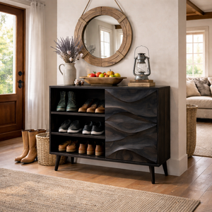 Handcrafted Solid Wood Shoe Cabinet with Wave Front Doors for Entryway and Hallway