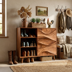 Handcrafted Solid Wood Shoe Cabinet with Wave Front Doors for Entryway and Hallway