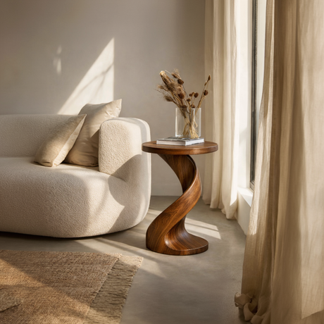 Modern Solid Wood Side Table with Twisted Pedestal Base for Living Room Seating