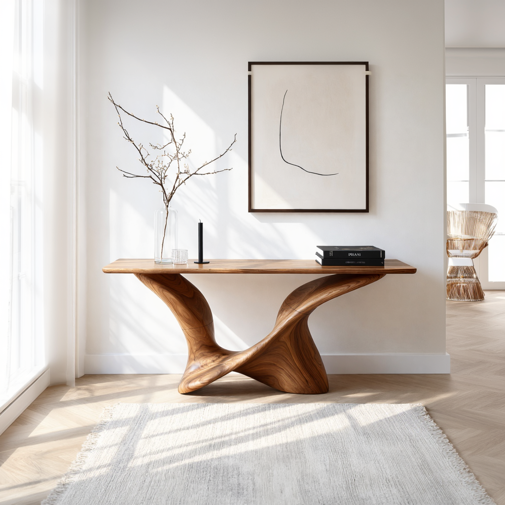 Modern Solid Wood Console Table with Sculpted Curved Base