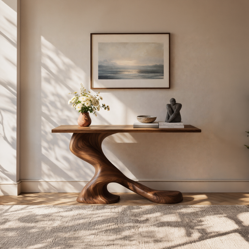 Asymmetrical Sculptural Solid Wood Console Table with Organic Curved Base