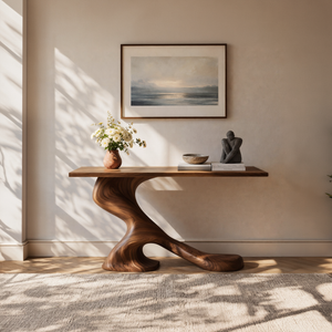 Asymmetrical Sculptural Solid Wood Console Table with Organic Curved Base