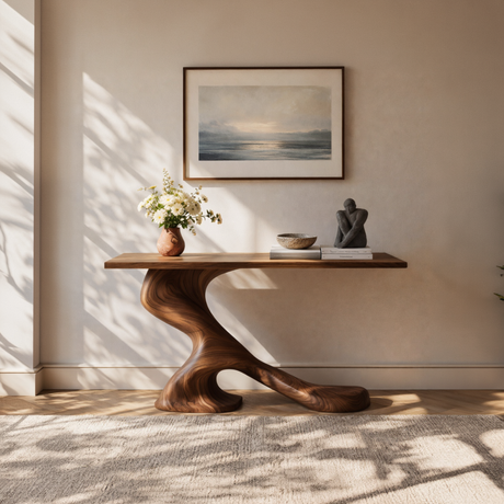 Asymmetrical Sculptural Solid Wood Console Table with Organic Curved Base