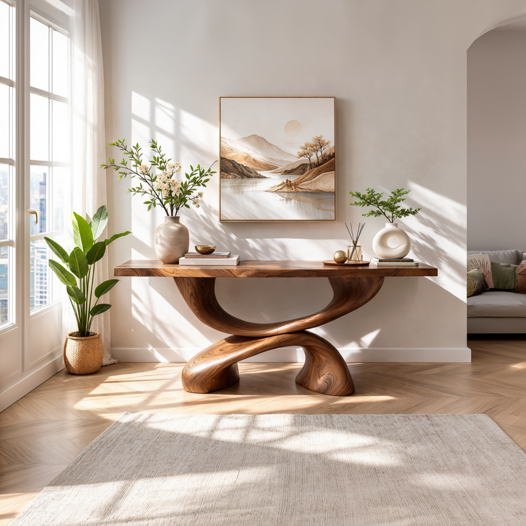 Double Curve Sculptural Solid Wood Console Table with Intertwined Organic Base