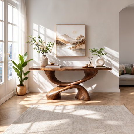 Double Curve Sculptural Solid Wood Console Table with Intertwined Organic Base