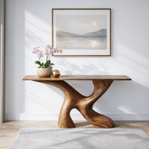 Cross Flow Sculptural Solid Wood Console Table with Open Cut Organic Base
