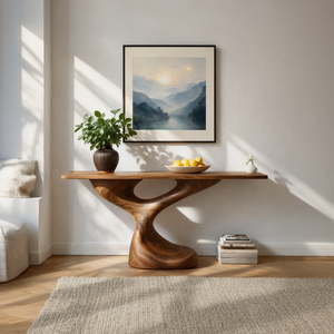 Twist Loop Sculptural Solid Wood Console Table with Hollow Organic Base