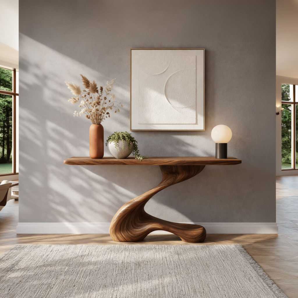 Single Sweep Sculptural Solid Wood Console Table with S Curve Organic Base