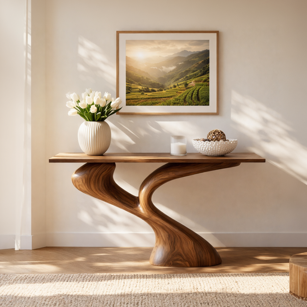 Sculptural Solid Wood Console Table with Flowing Dual Stem Base