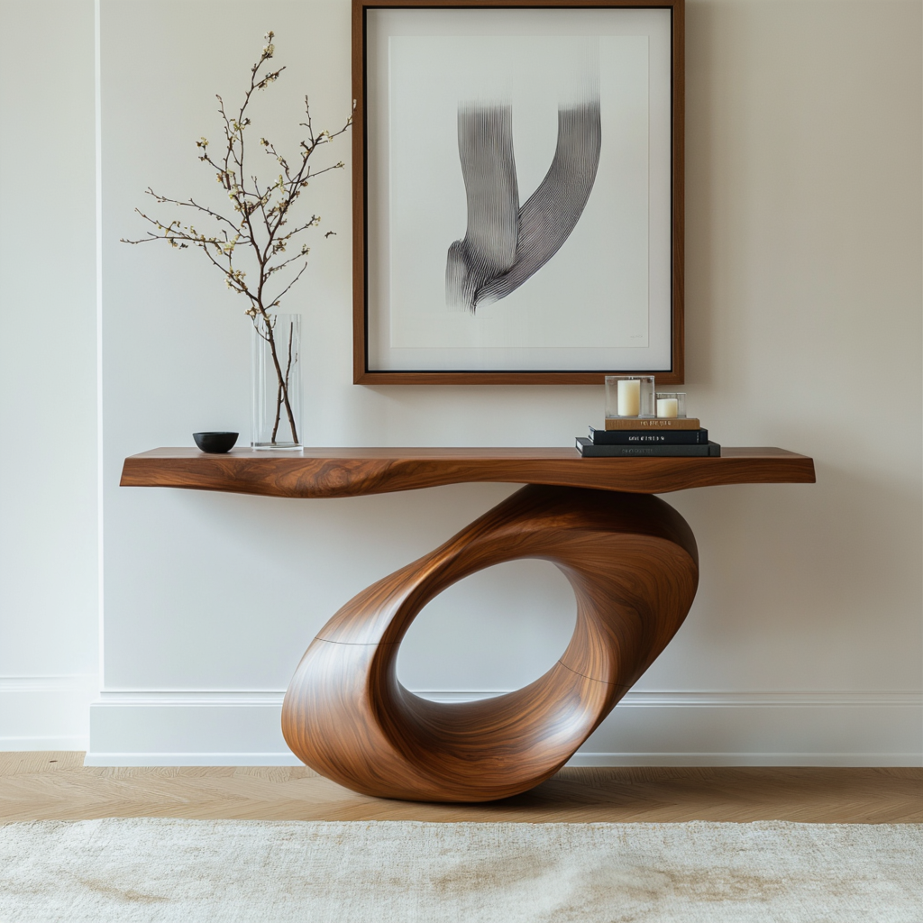 Sculptural Solid Wood Console Table with Hollow Oval Base