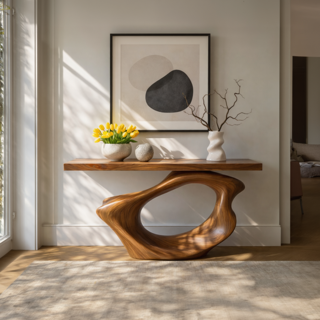 Wave Arch Sculptural Solid Wood Console Table with Hollow Asymmetric Base