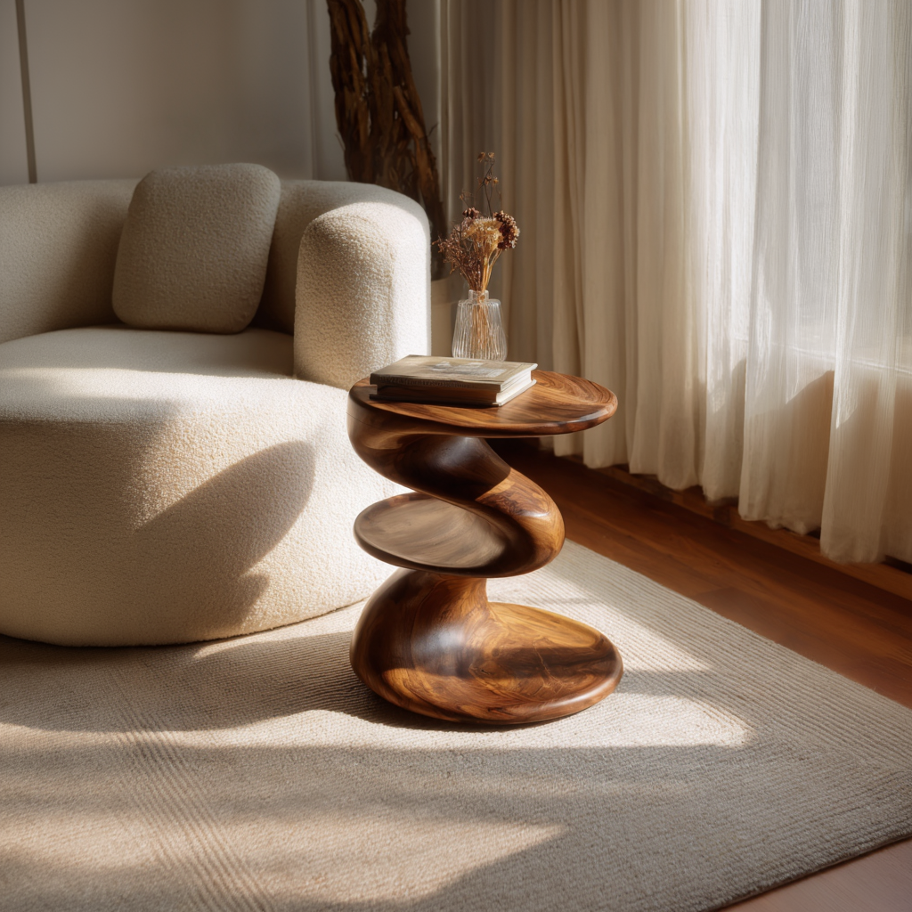 Solid Wood Spiral Two Tier Accent Table for Modern Living Room
