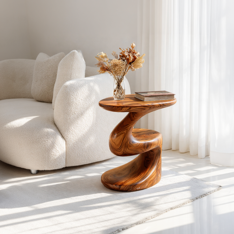 Curved Solid Wood Accent Table with Floating Shelf Modern Sculptural Side Table