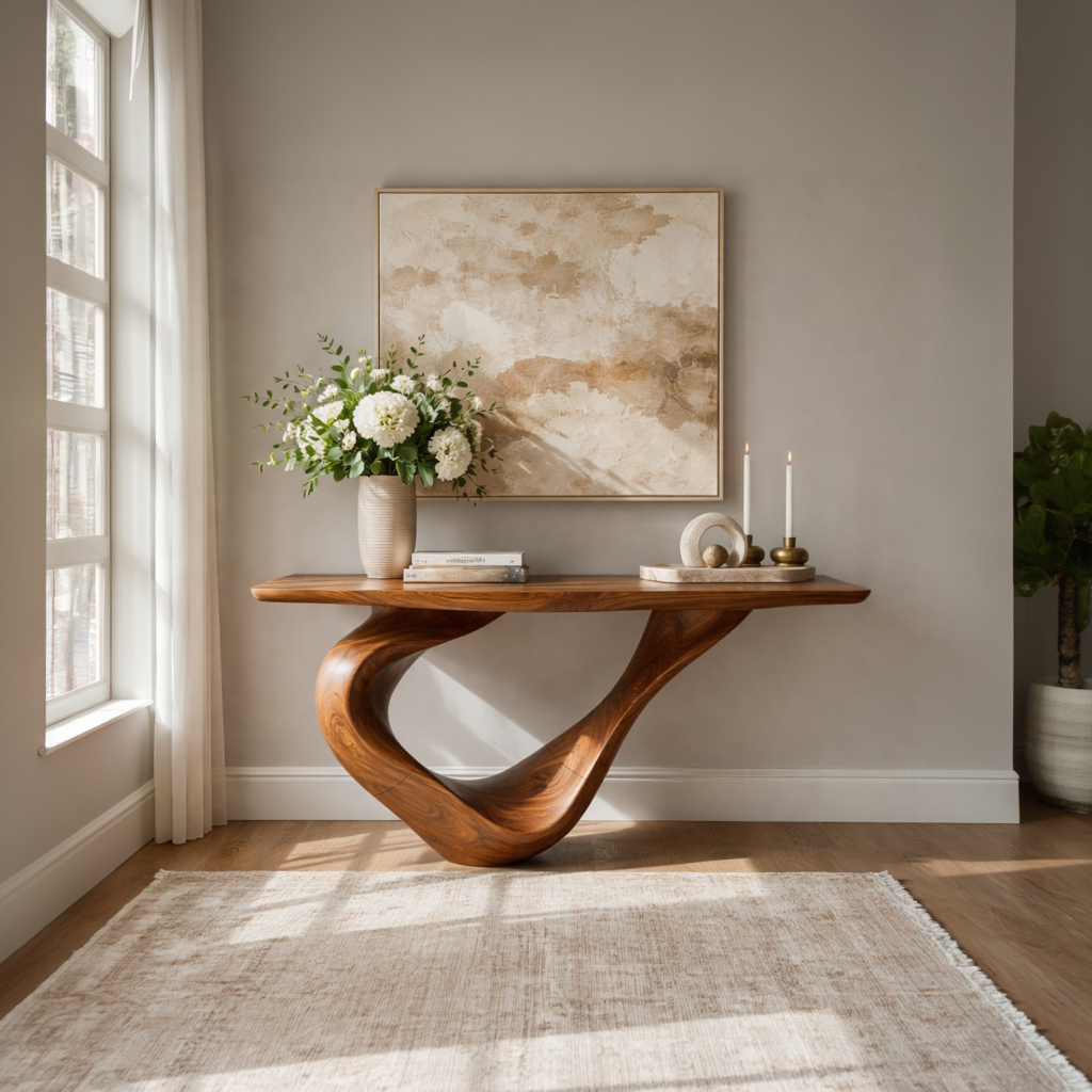 Sculptural Solid Wood Console Table with Ribbon Curve Base