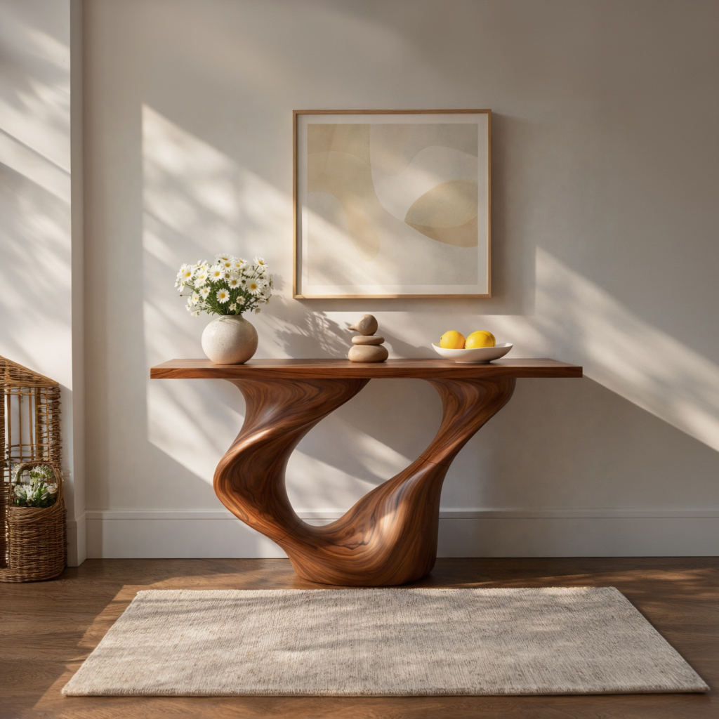 Twin Sweep Sculptural Solid Wood Console Table with Open Valley Base