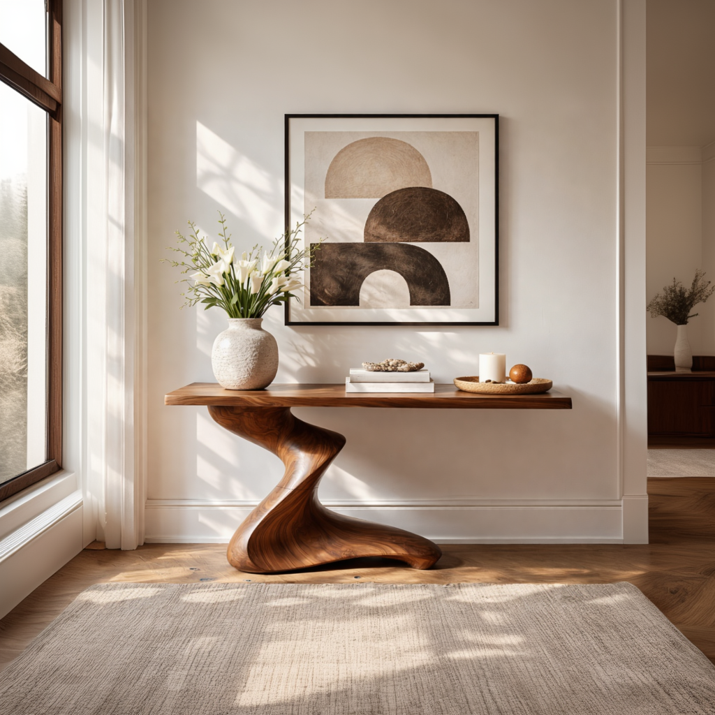 Low Spiral Sculptural Solid Wood Console Table with Grounded Sweep Base