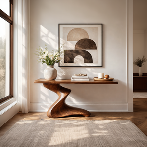 Low Spiral Sculptural Solid Wood Console Table with Grounded Sweep Base