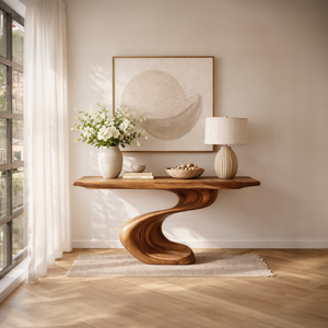 Sculptural Solid Wood Console Table with Wave Base