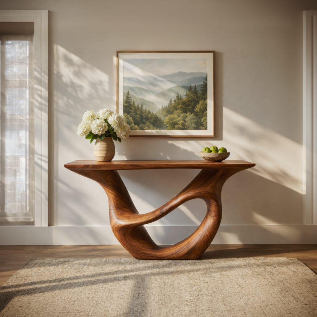 Sculptural Solid Wood Console Table with Open Oval Bridge Base