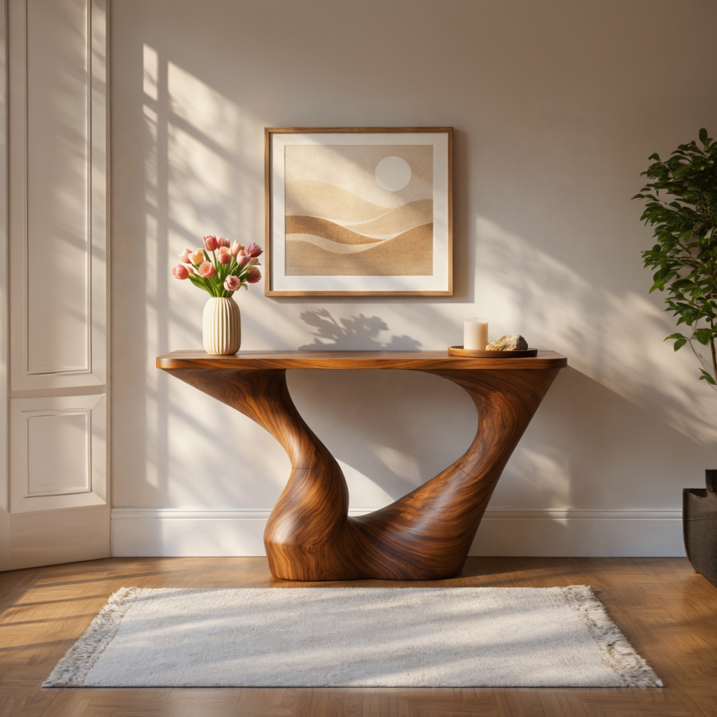 Sculptural Solid Wood Console Table with Open Arch Base
