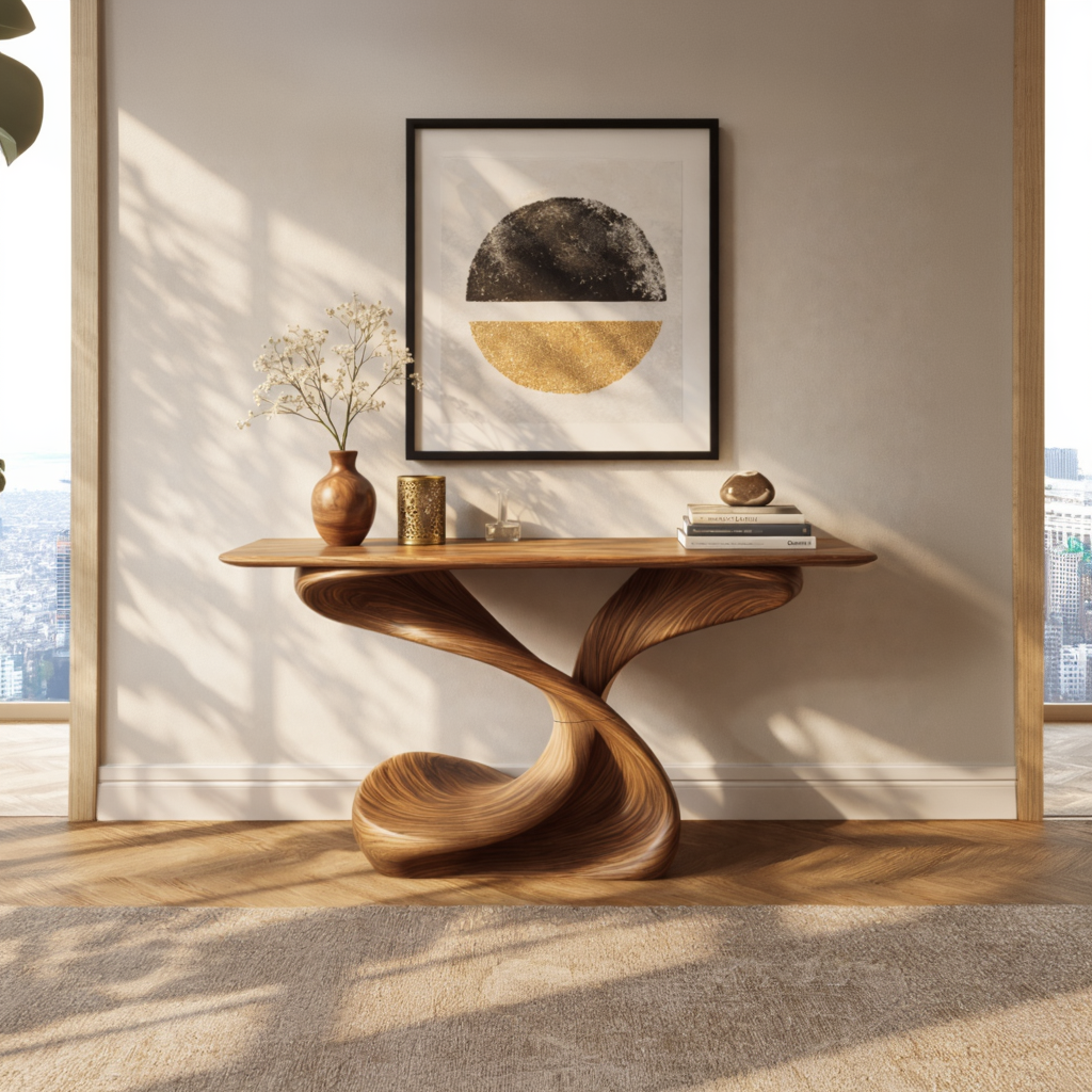 Sculptural Solid Wood Console Table with Helical Base