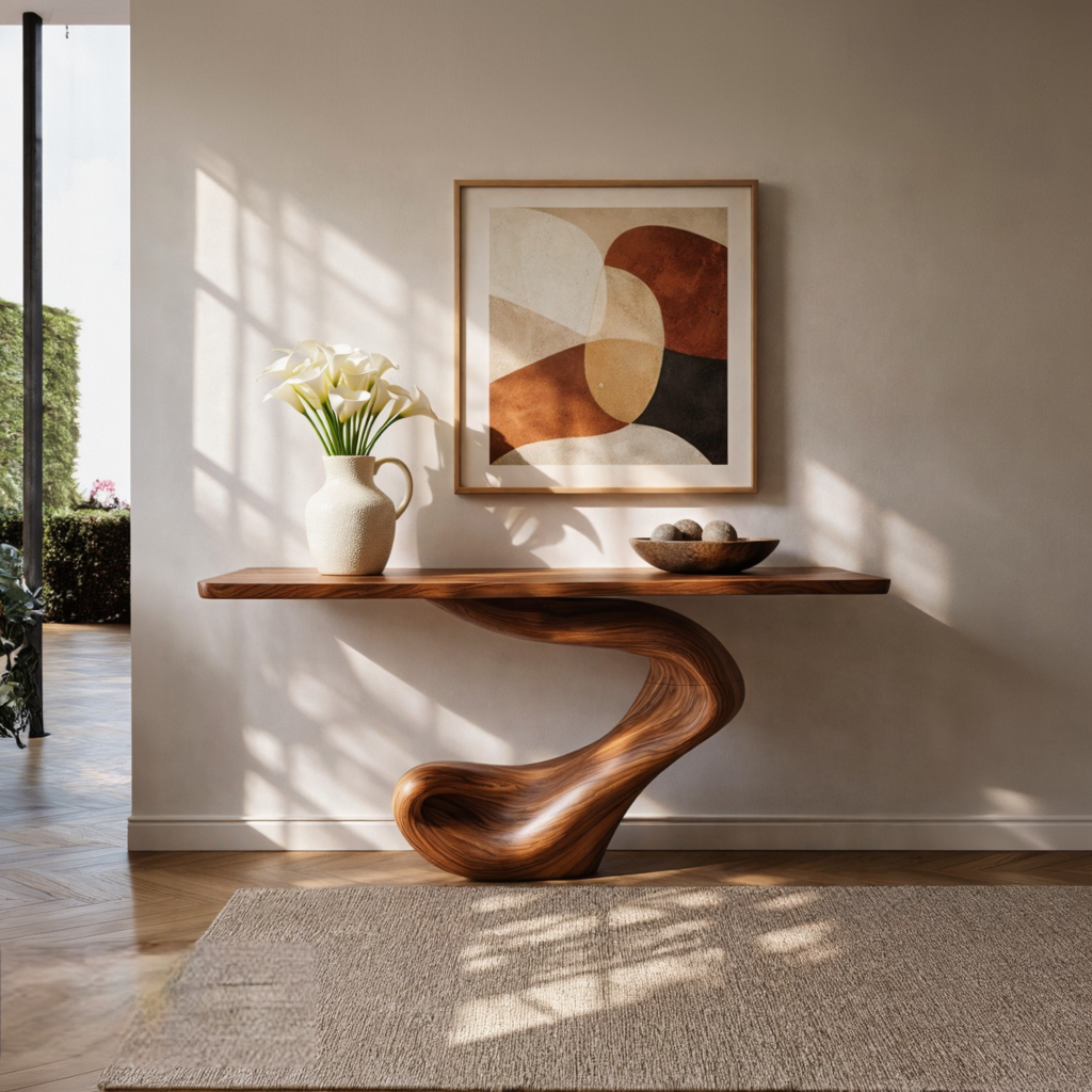 Scroll Wave Sculptural Solid Wood Console Table with Coiled Foot Base