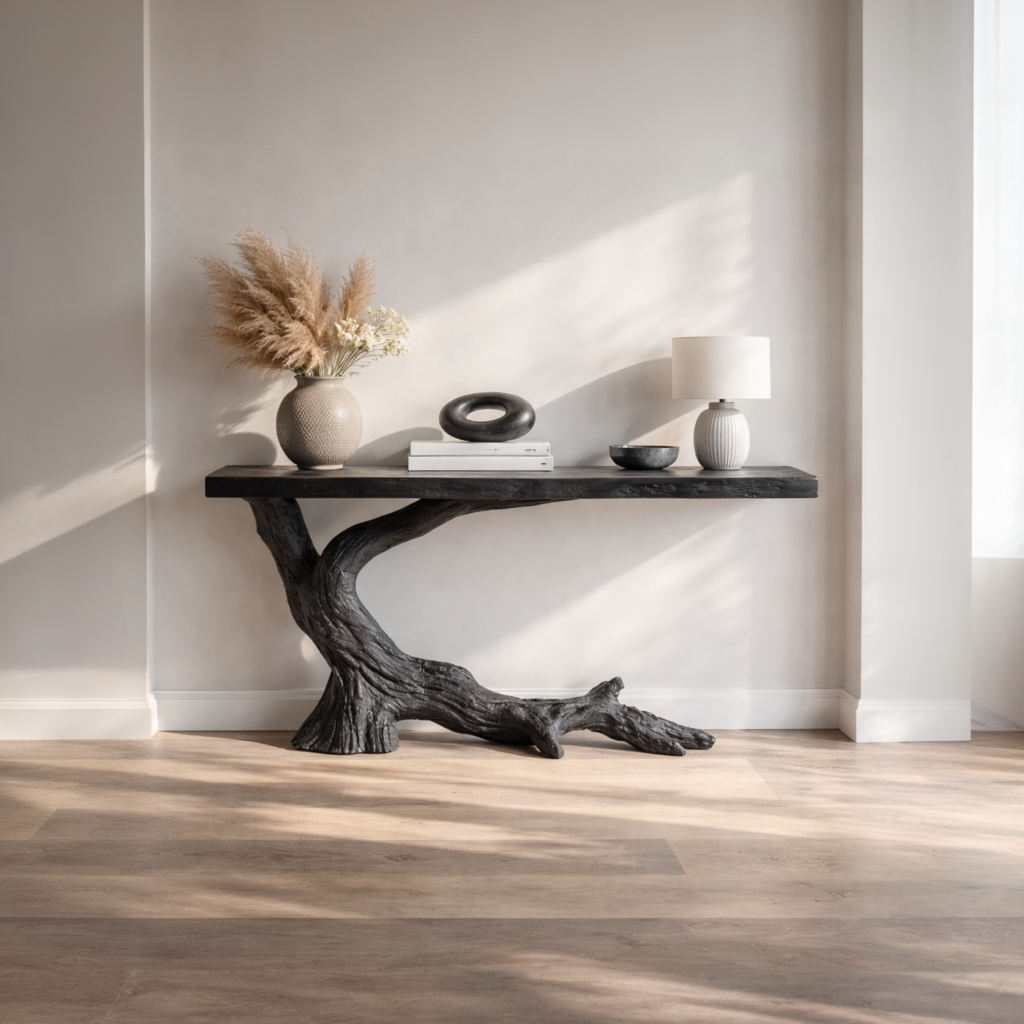 Sculptural Console Table with Charred Wood Inspired Branch Base