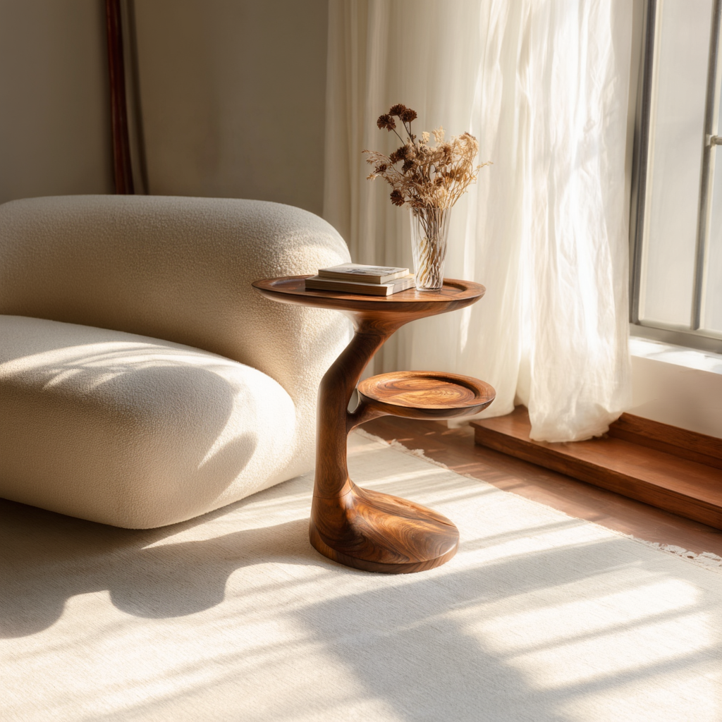 Sculptural Solid Wood Side Table with Offset Shelf for Living Room or Reading Nook