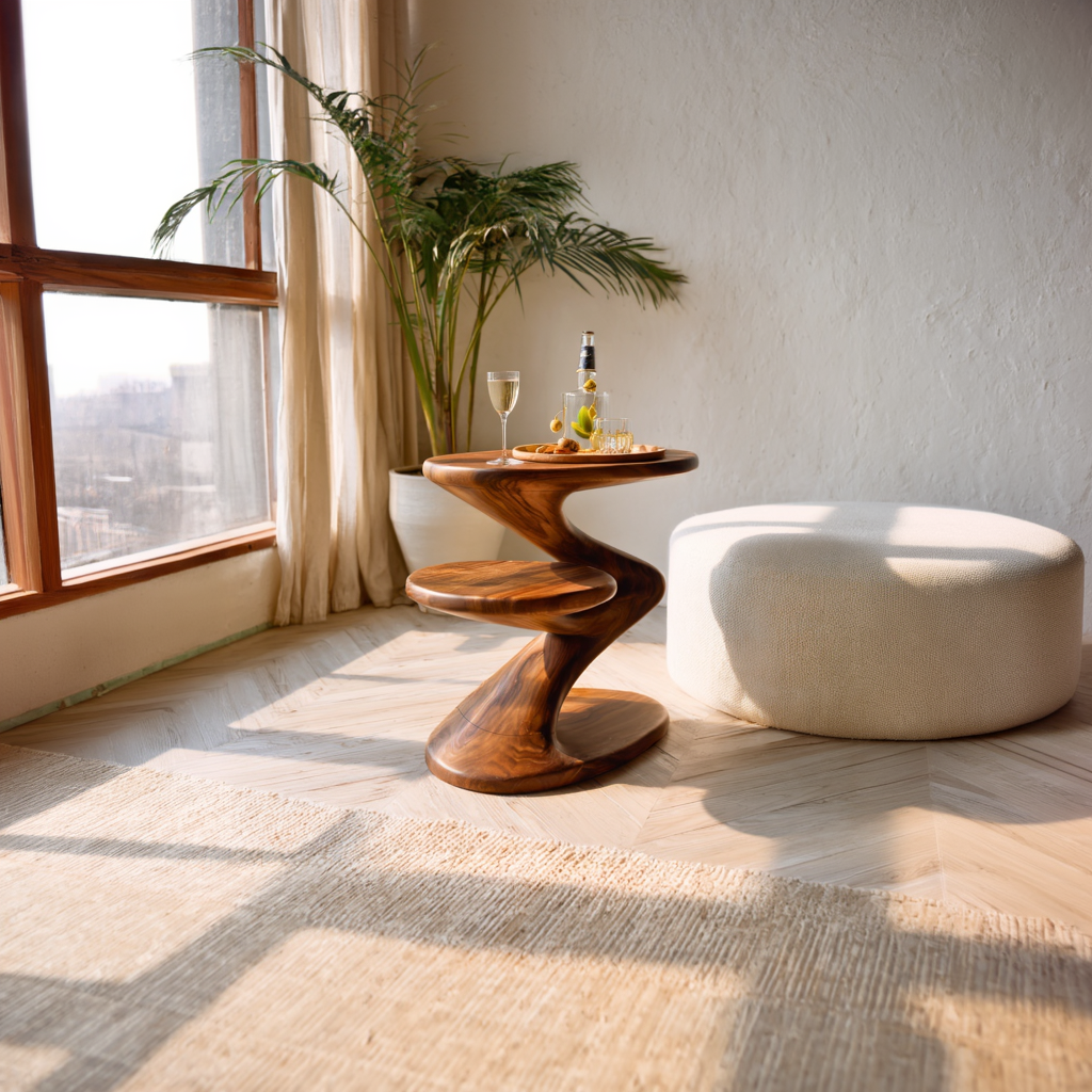Two Tier Sculptural Solid Wood Side Table for Living Room and Lounge Styling