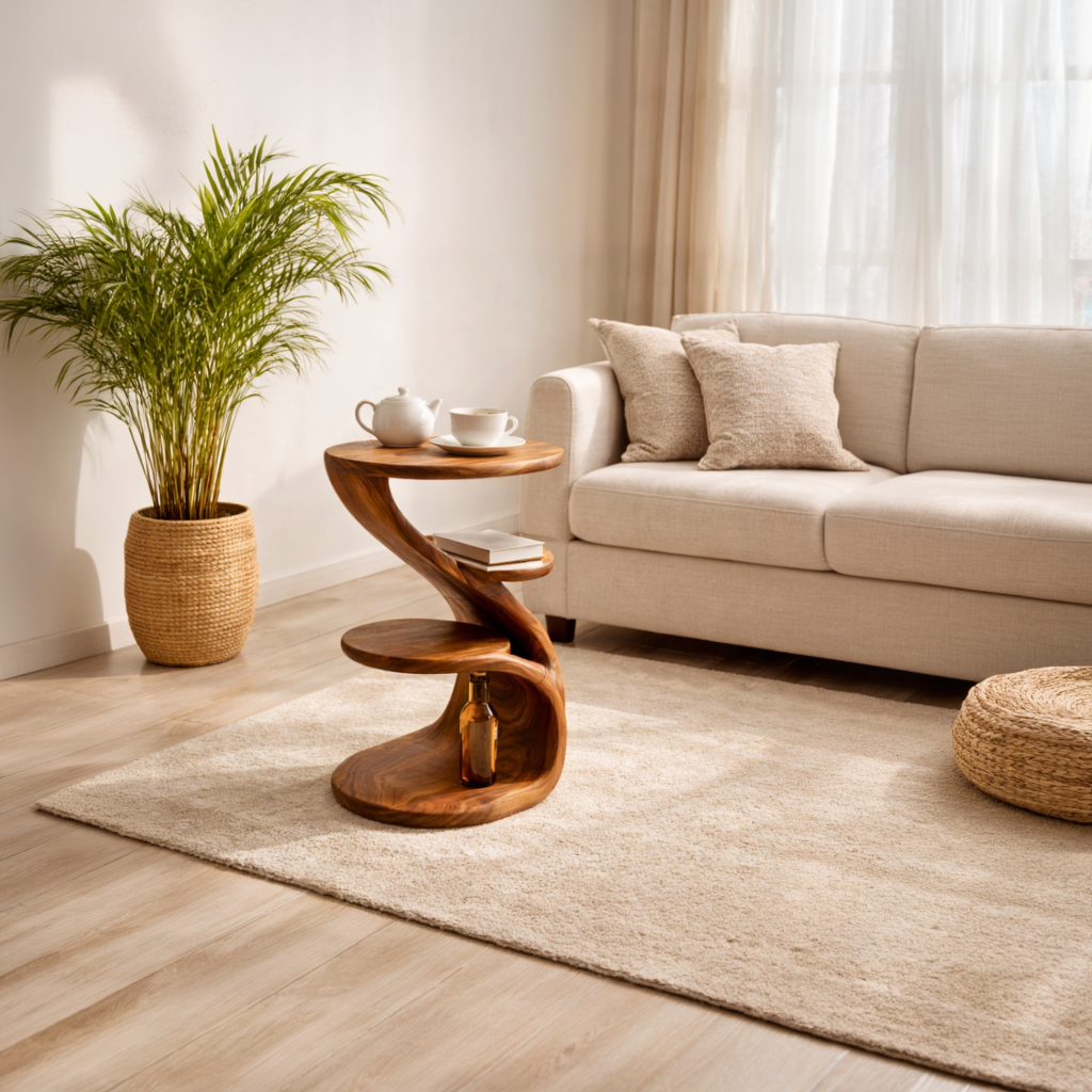 Modern Sculptural Three Tier Solid Teak Side Table for Living Room Use