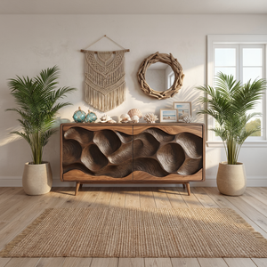 Solid Wood Sculpted Wave Credenza for Living Room and Dining Storage