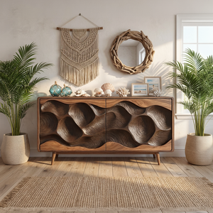 Solid Wood Sculpted Wave Credenza for Living Room and Dining Storage