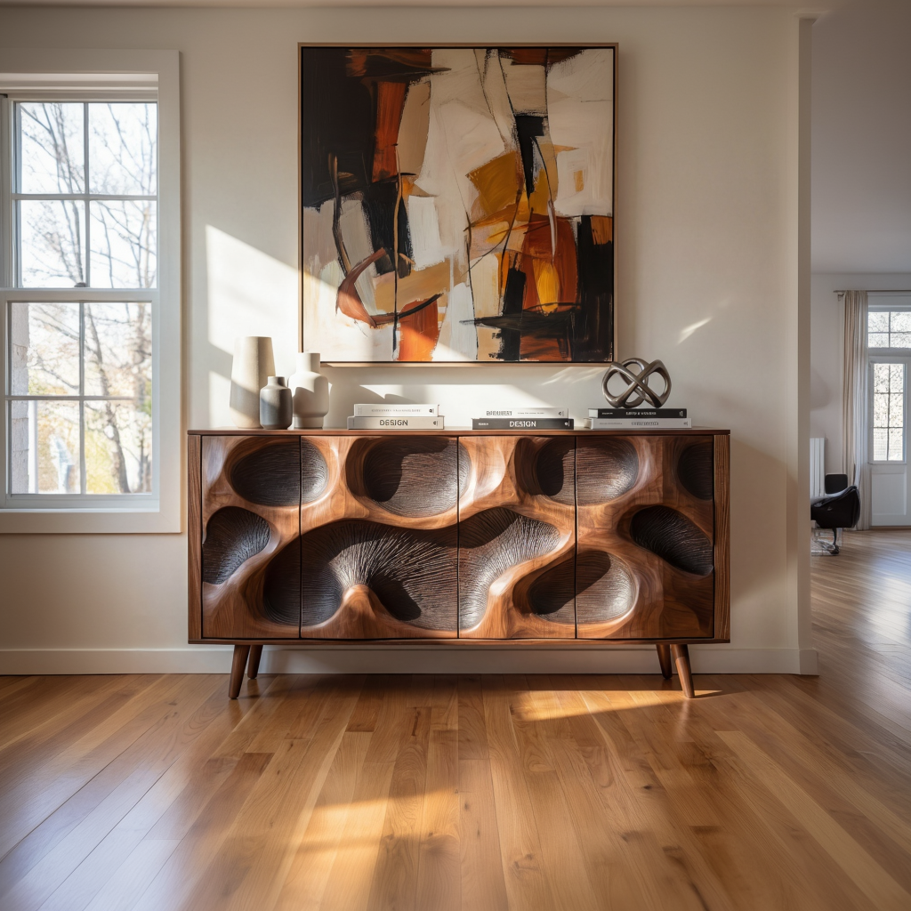 Organic Carved Solid Wood Credenza for Living Room and Dining Storage