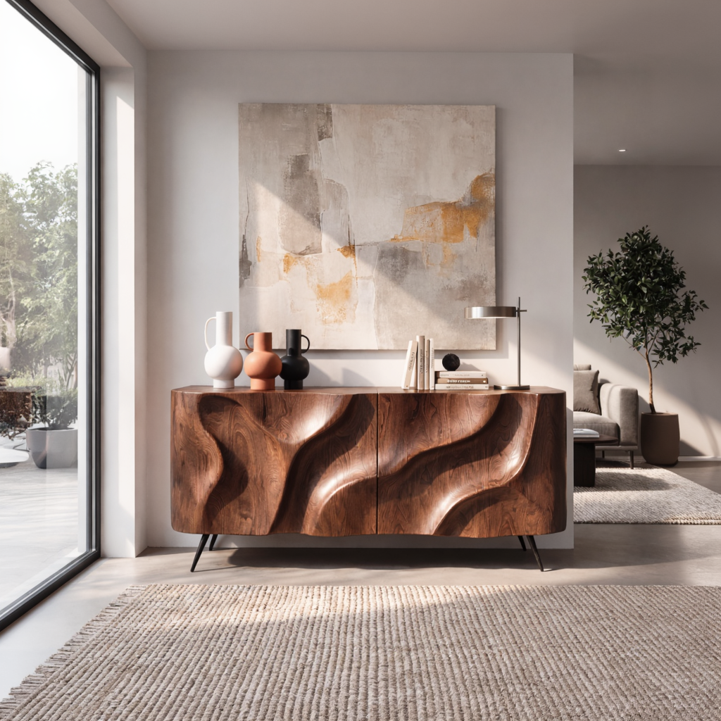 Sculpted Wavefront Solid Wood Credenza for Modern Living and Dining Rooms