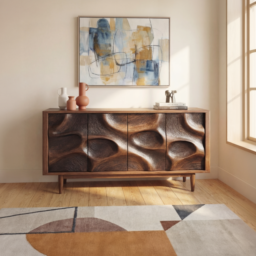 Sculpted Cavern Solid Wood Sideboard Cabinet for Living and Dining Room Storage