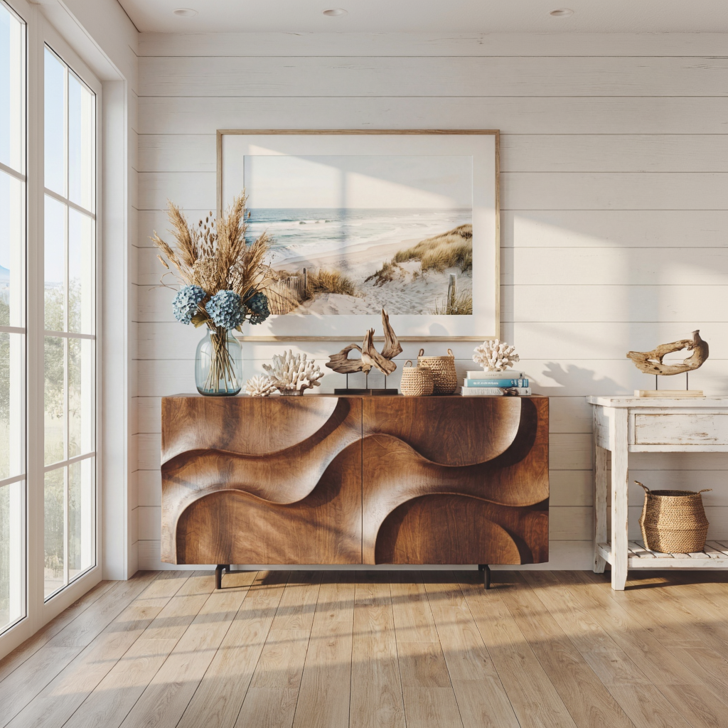 Sculpted Wavefront Solid Wood Sideboard for Modern Living and Dining Room