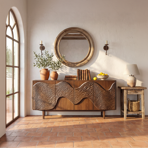 Sculpted Wave Front Wood Sideboard Cabinet for Living Room or Dining Room