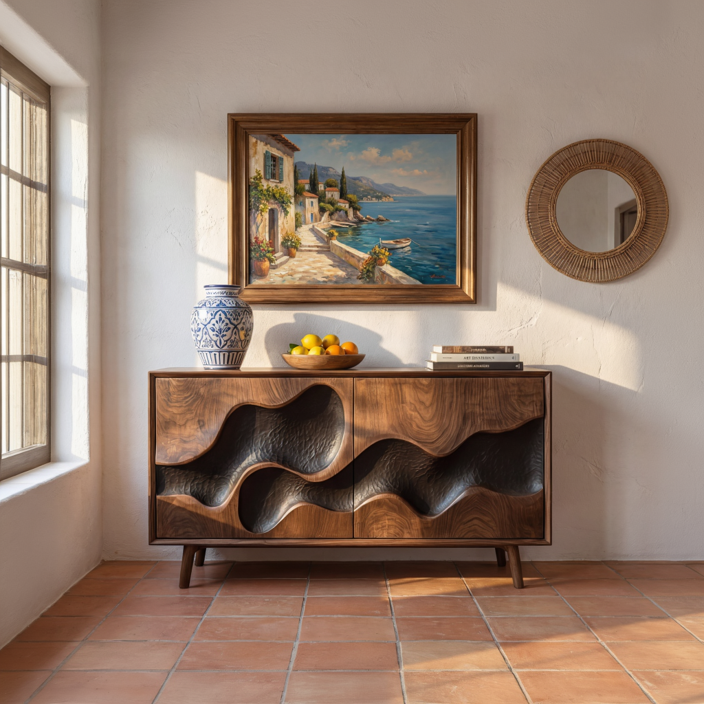 Sculpted Hollow Wave Front Wood Sideboard Cabinet for Living Room or Dining Room