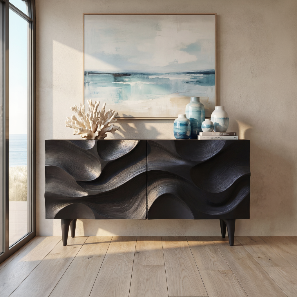 Sculpted Black Wave Front Wood Sideboard Cabinet for Living Room and Dining Room