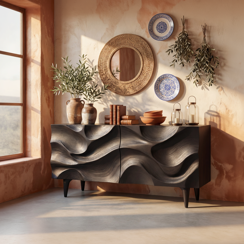 Sculpted Black Wave Front Wood Sideboard Cabinet for Living Room and Dining Room