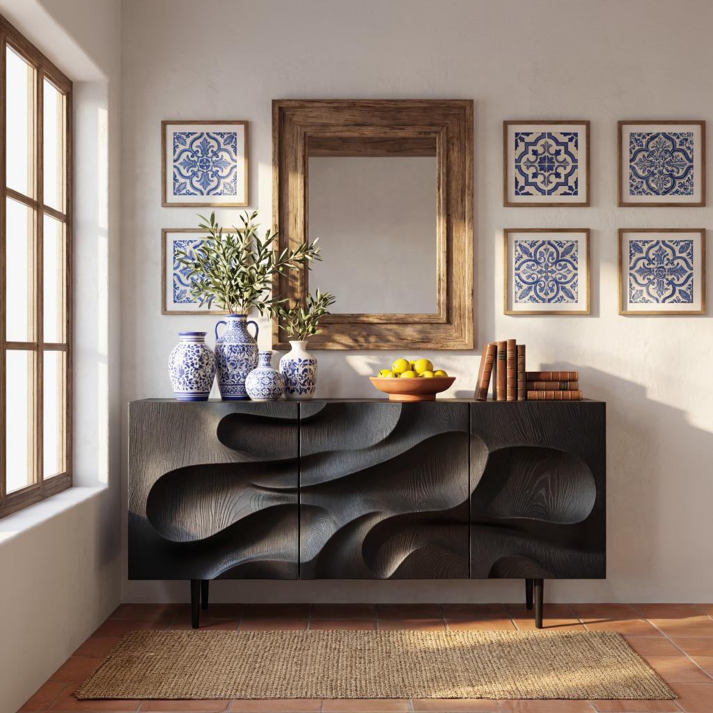 Carved Black Wood Sideboard Cabinet for Modern Living Room and Dining Storage