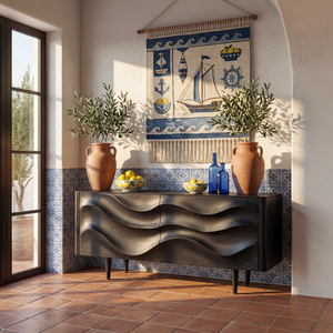 Sculpted Black Wave Sideboard for Modern Living Room and Dining Storage
